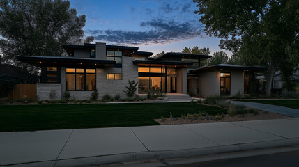 Obraz premium A cozy suburban home glowing at dusk, where warmth meets the tranquil blue hour.
