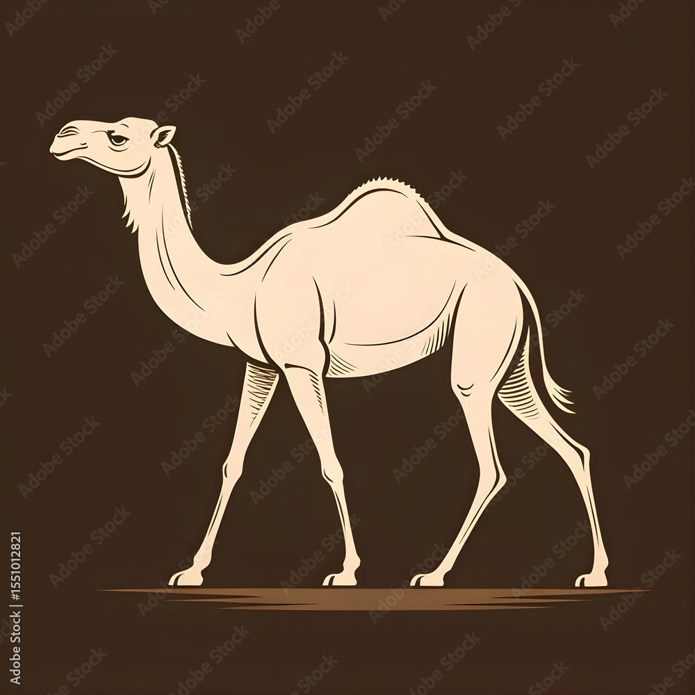 Poster a full-body silhouette of a camel with one hump, lying down in a resting position with clear outline