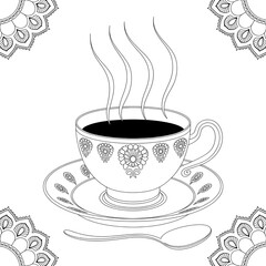 A black and white tea cup illustration line art of a coloring page