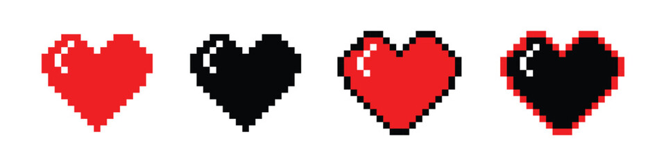 Pixel heart set ison in retro style. Vintage love symbol, 8 bit vector illustration for computer game.