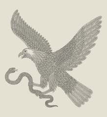 eagle with a snake in claws. Vintage Engraving drawing style vector illustration
