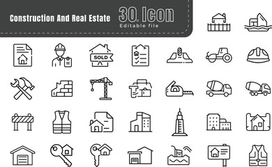 Construction and real estate line icons set.  Pixel perfect. Thin outline Editable Stroke file. The set contains icons: House, Real Estate Insurance, Real Estate Agent, House Key