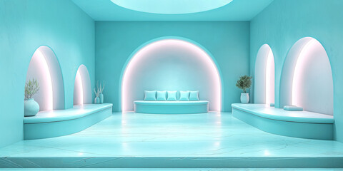 Futuristic pastel lounge interior with arched neon lighting and minimal furniture
