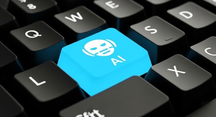 Horizontal shot highlighting a futuristic keyboard with a bright blue AI button, representing the integration of artificial intelligence into technology.