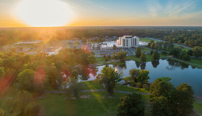 Aerial view of a hospital complex Fairview Park, Dublin, Georgia, USA. The building is surrounded...