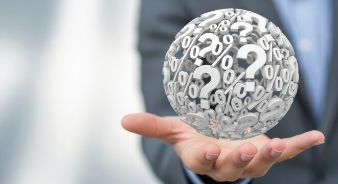 Close-up, low-angle shot of a hand holding a globe of intertwined question marks and percentages, representing data, problems, and decisions. - Powered by Adobe