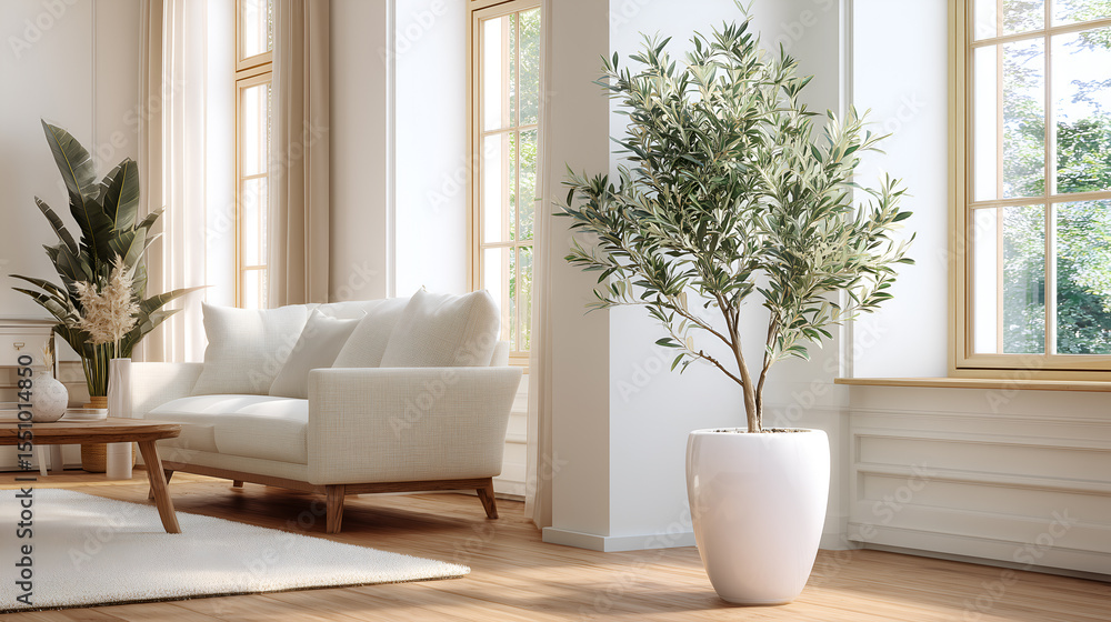 Poster an olive tree adds a touch of greenery to a bright and airy living room. sunlight streams in through