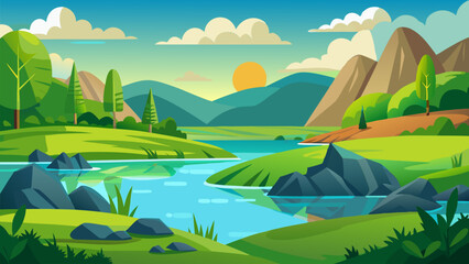 Serene River Landscape. Breathtaking Mountain View at Sunset