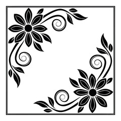 Fototapeta premium Black and White Floral Frame Square Design with Swirls and Flowers