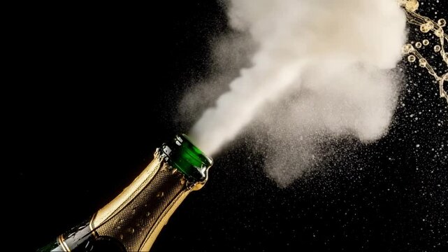 Champagne bottle cork popping with splashes of liquid against a black background. The scene captures celebration and festivity.
