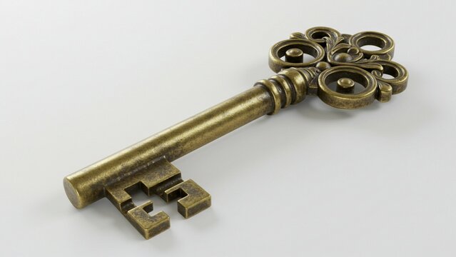 A vintage key with intricate design lying on a clean white surface
