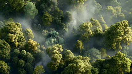 Aerial view of a lush green forest shrouded in mist. Sunlight filters through the canopy, creating a magical atmosphere.