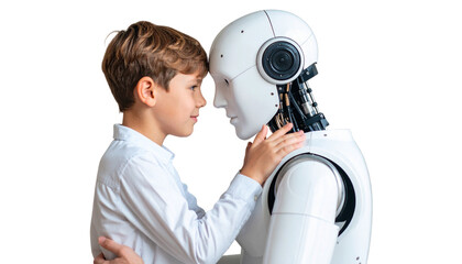 Warm, heart-touching scene showing emotional trust and bonding between child and robot isolated on transparent background.