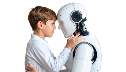 Warm, heart-touching scene showing emotional trust and bonding between child and robot isolated on transparent background.