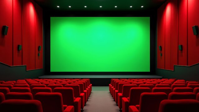 Empty modern cinema hall with rows of red velvet seats facing a large, glowing green chroma key screen, perfectly set for a movie premiere, presentation, or special effects comp