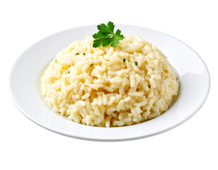 Special food Risotto alla Milanese on white plate, side view