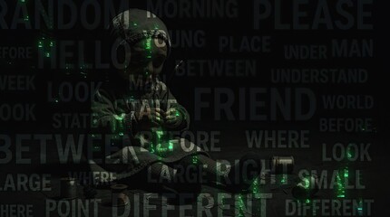 Child sitting in a dark room surrounded by glowing green lights and text