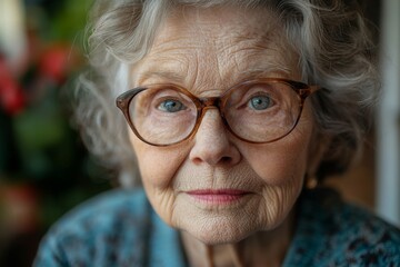 Elderly woman struggling with eyesight, unable to read due to blurred text and headache from eye fatigue, Generative AI