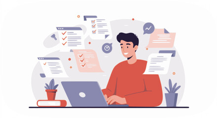 Flat vector illustration of happy young businessman using a laptop with floating digital documents and checklists around him, modern workspace background, soft pastel colors
