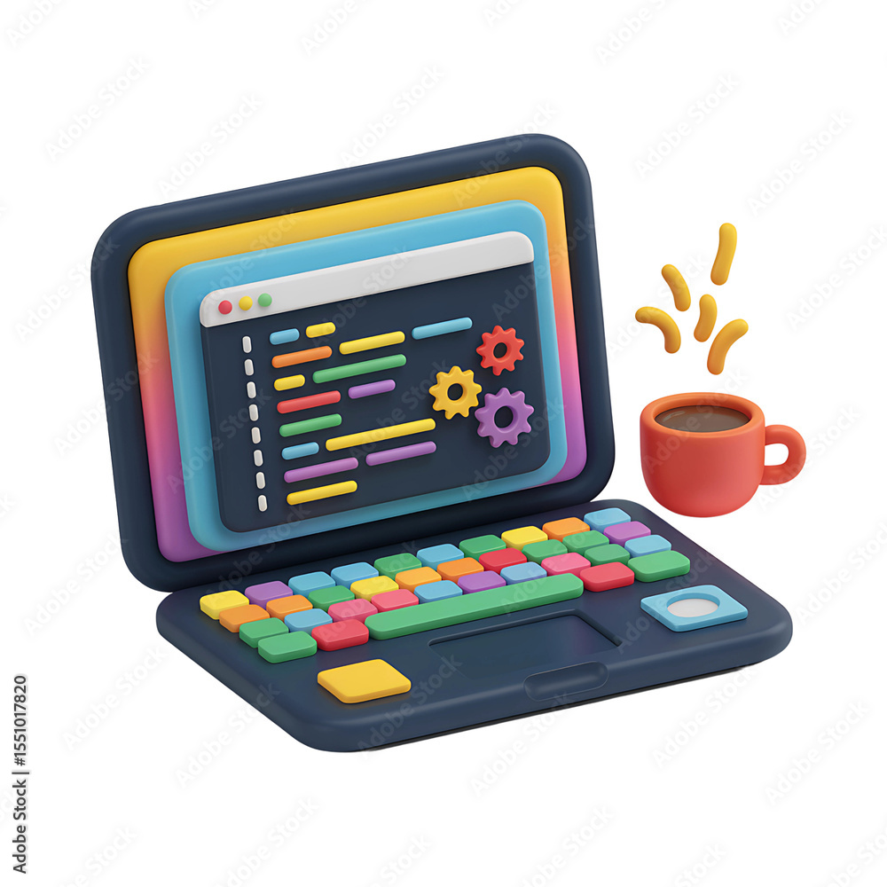 Poster colorful laptop with code gears coffee break web development programming design