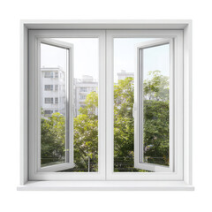 White double-hung window, city view