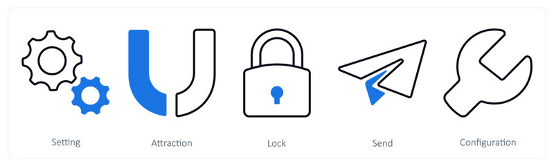 A set of 5 mix icons as setting, attraction, lock