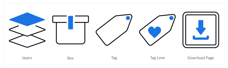 A set of 5 mix icons as layers, box, tag