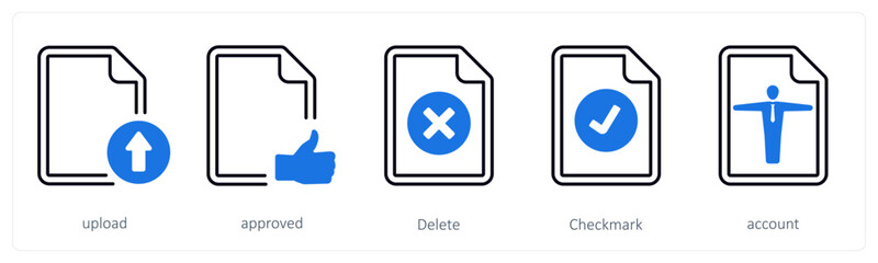 A set of 5 mix icons as upload, approved, delete