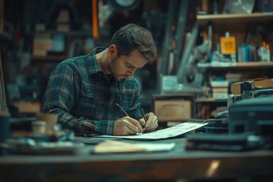 Auto check-up and car service concept: Mechanic writing a job checklist to estimate repair costs for a client at a workshop garage, Generative AI