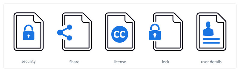 A set of 5 mix icons as security, share, license