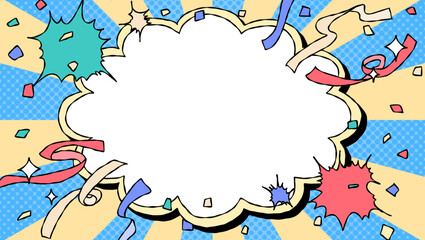 手書きの曲線フレームとデコレーション、ポップな背景フレーム、サンバースト、リボン、紙吹雪、コミック風