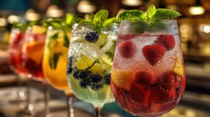 Refreshing sangria and spritz cocktails filled with ice cubes, vibrant colors of fruits and bubbles visible through clear glasses, condensation droplets on the surface