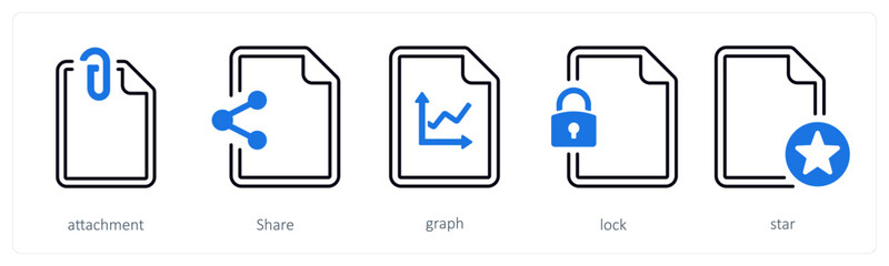A set of 5 mix icons as attachment, share, graph