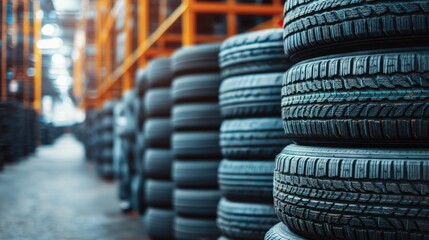 Stacked tires in industrial warehouse. Rows of tires neatly stacked. Warehouse storage of rubber tires. Close up view of stacked tires. Commercial storage facility for automotive parts. Organized