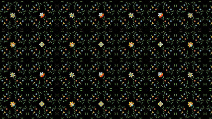 Dark background with floral pattern featuring various flowers and small leaf like shapes repeated evenly