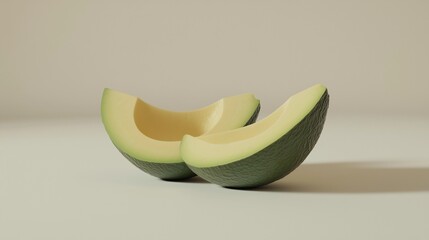 Minimalist avocado halves on white surface with soft shadows
