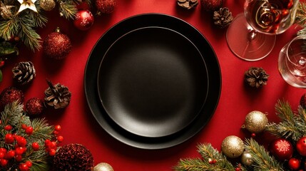 Christmas Eve Dinner Table Mockup with Blank Black Dish at Center – Surrounded by Cocktail Glass and Festive Decorations, Rich Black and Red Background Creating Warm, Elegant Holiday Atmosphere






