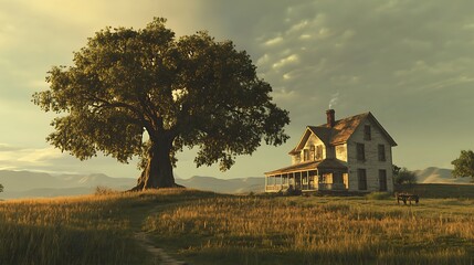 Fototapeta premium Tranquil Sunset at the Old Farmhouse