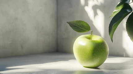 Minimalist Green Apple with Leaf on Sunlit Surface
