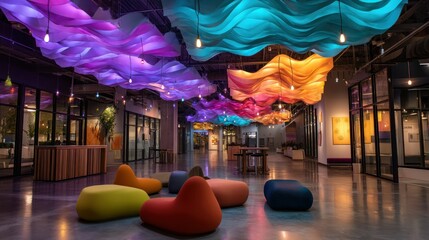 Naklejka premium Contemporary Common Area with Interactive Art Installations, Dynamic Colorful Lighting, and Modern Sculptural Seating – Vibrant Immersive Space for Social Engagement and Innovation, Highly Detailed