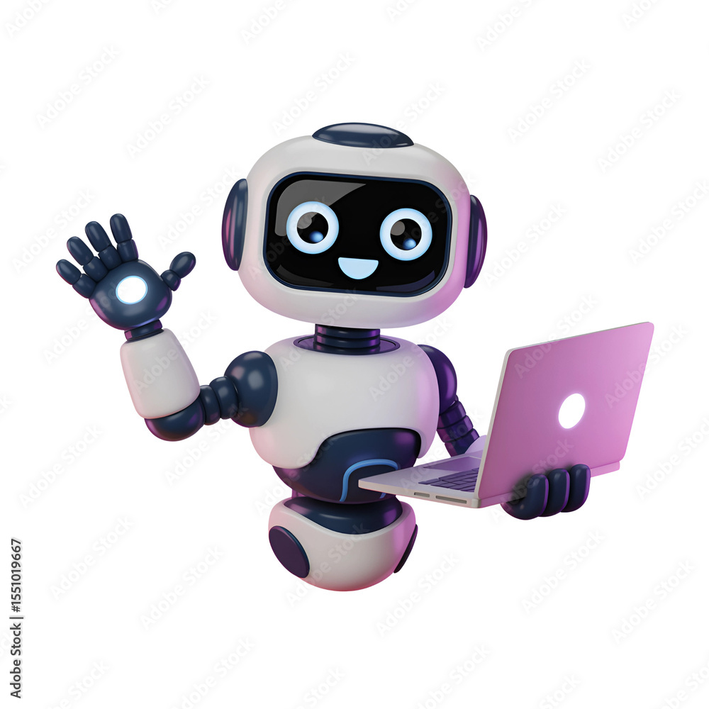 Aufkleber friendly robot character waves hello while using a laptop computer for tech support or ai assistance