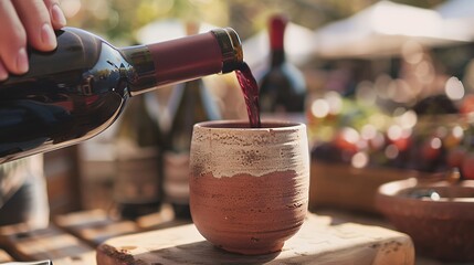 Pouring Red Wine in Rustic Ceramic Cup at Outdoor Event