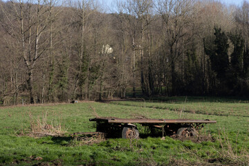 Old rusted cart sits in a vibrant green field, surrounded by barren trees.