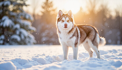 Husky enjoying snowfall in serene winter landscape, joyful companionship
