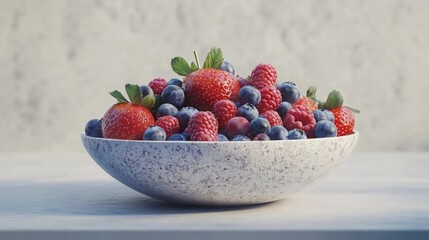 Fresh Berries in White Bowl on Minimalist Background
