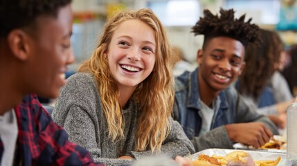 Group of teenagers students laughing while eating lunch at school cafeteria  