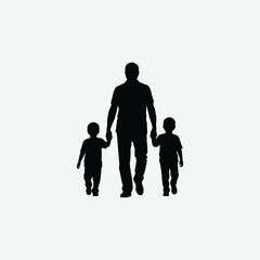Silhouette of a father walking hand-in-hand with two kids. A peaceful, touching Parents Day vector. Perfect for family, love, bonding, and parent-child relationship themes.