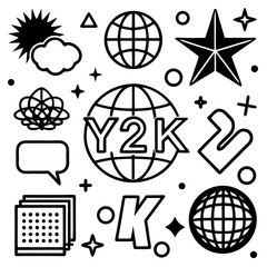 A futuristic Y2K vector shape pack featuring abstract icons, globes, glittering stars, grids and tech-inspired elements. Perfect for digital design, posters and streetwear...