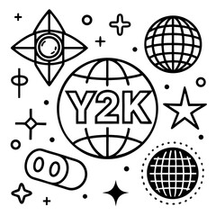 A futuristic Y2K vector shape pack featuring abstract icons, globes, glittering stars, grids and tech-inspired elements. Perfect for digital design, posters and streetwear...
