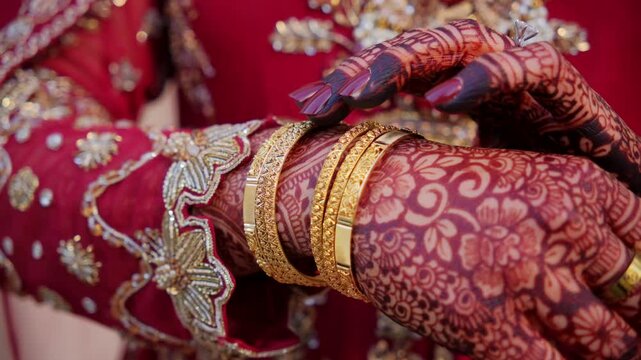 Close up view of Traditional henna painting on bridal hands. Red color is the traditional Indian clothes, Elements of hindu wedding. 